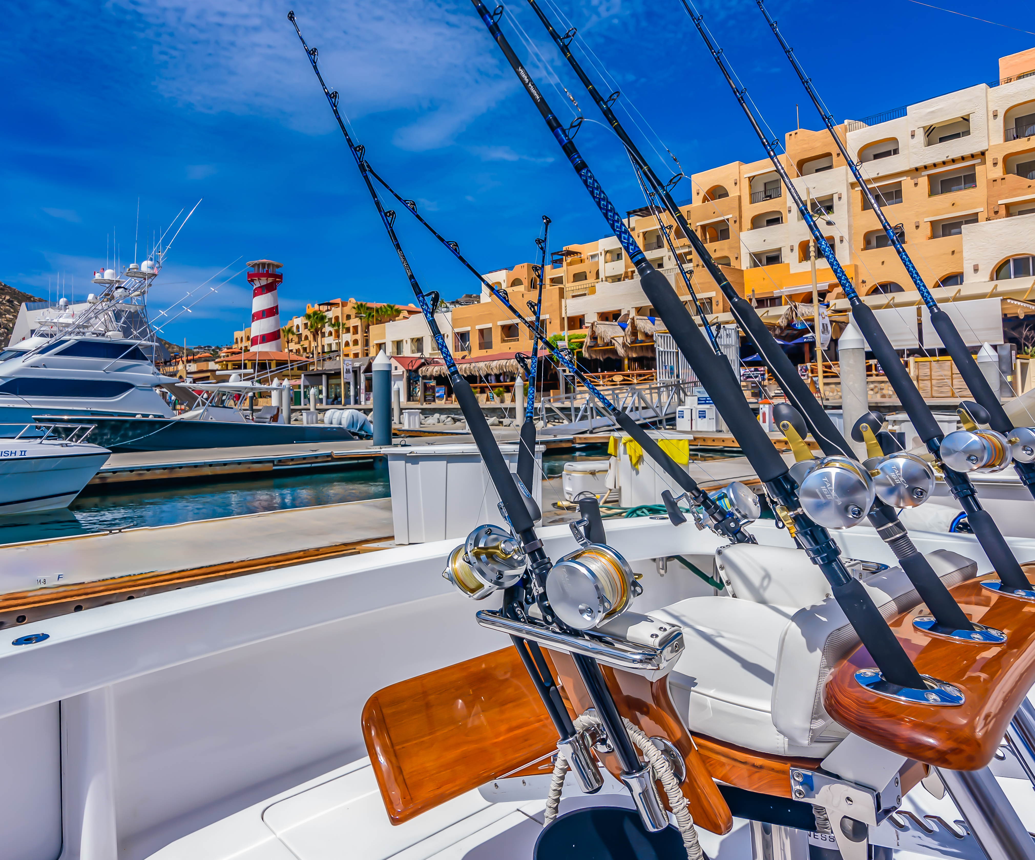Premium fishing rods and tackle on deck