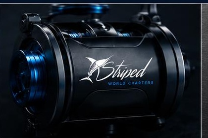 Striped World Charters branded fishing reel and tournament equipment